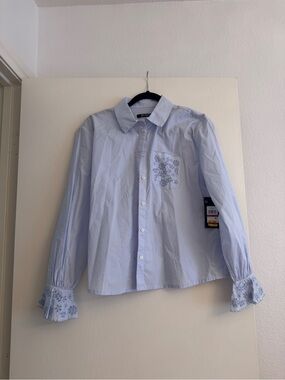 BCBGeneration Light Blue Embroidered Pocket Button-Down Shirt